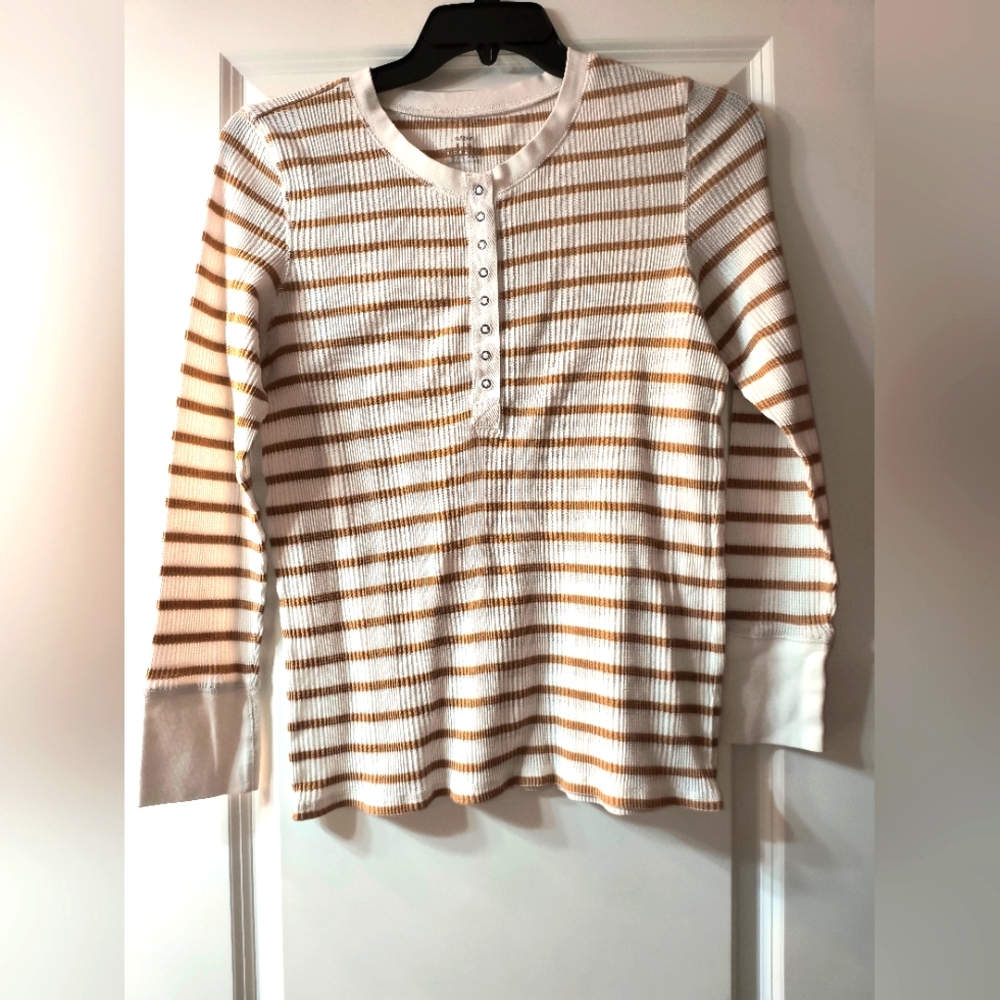 Aerie Long Sleeve Henley Top - XL | Tan & White Striped Rib Knit